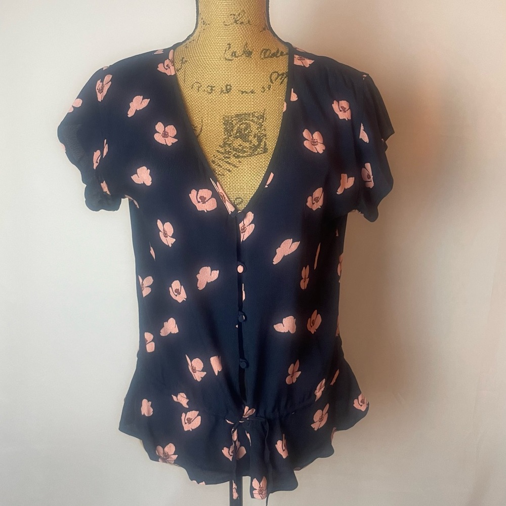 Rails Navy Floral Short-Sleeve Button Front Blouse - Picture 2 of 9